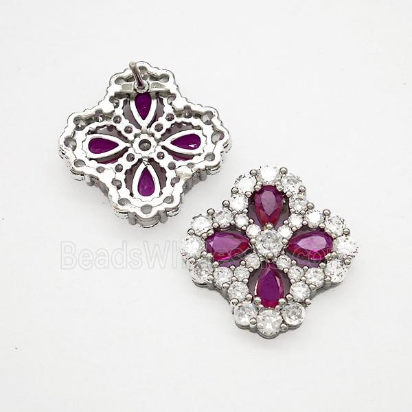 Copper Flower Stud Earrings Pave Zirconia Fuchsia Crystal Glass Platinum Plated