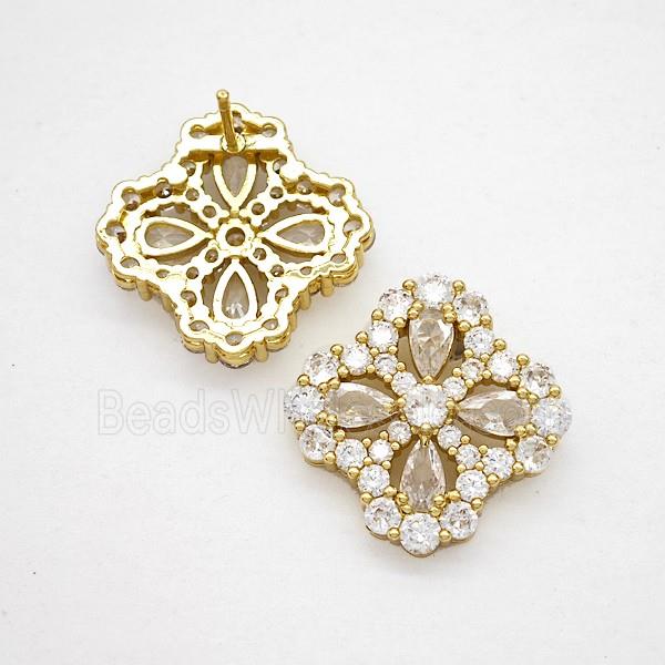 Copper Flower Stud Earrings Pave Zirconia Crystal Glass Gold Plated