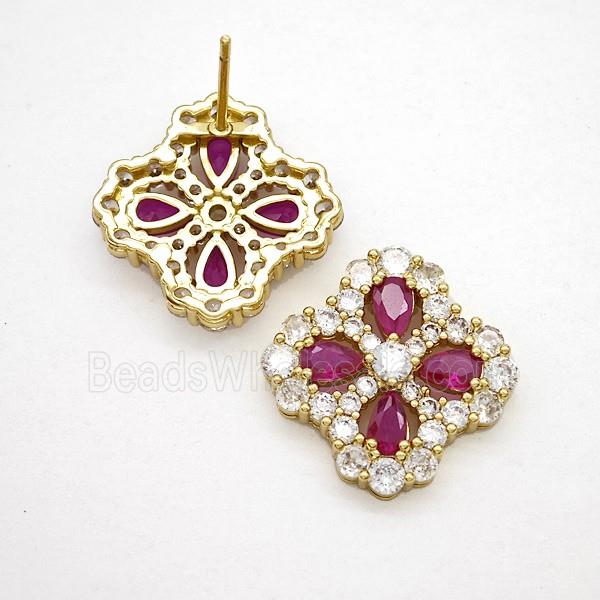 Copper Flower Stud Earrings Pave Zirconia Fuchsia Crystal Glass Gold Plated