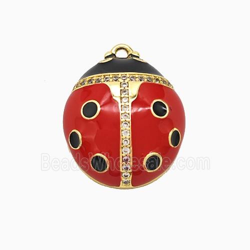 Copper Ladybug Pendant Pave Zirconia Red Enamel Gold Plated