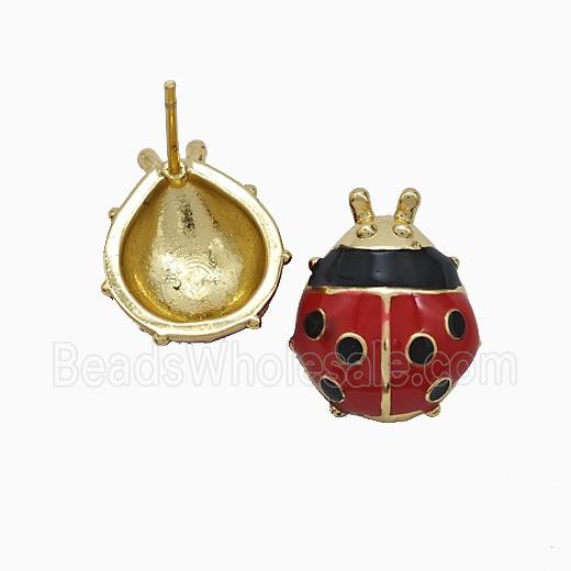 Copper Ladybug Stud Earrings Red Enamel Gold Plated