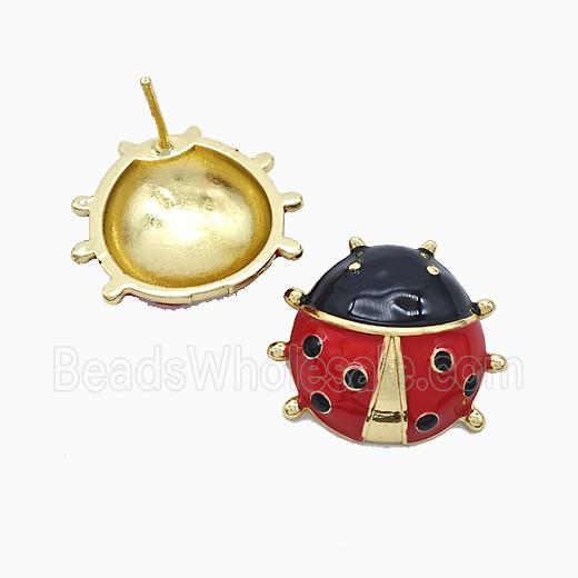 Copper Ladybug Stud Earrings Red Enamel Gold Plated