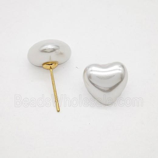 White Pearlized Resin Heart Stud Earrings Copper Gold Plated