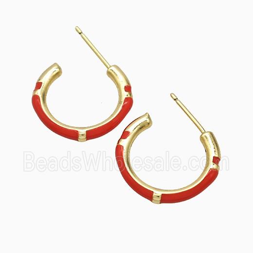 Copper Stud Earrings Red Enamel Gold Plated