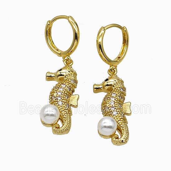 Copper Seahorse Hoop Earrings Pave Zirconia Pearlized Resin Gold Plated