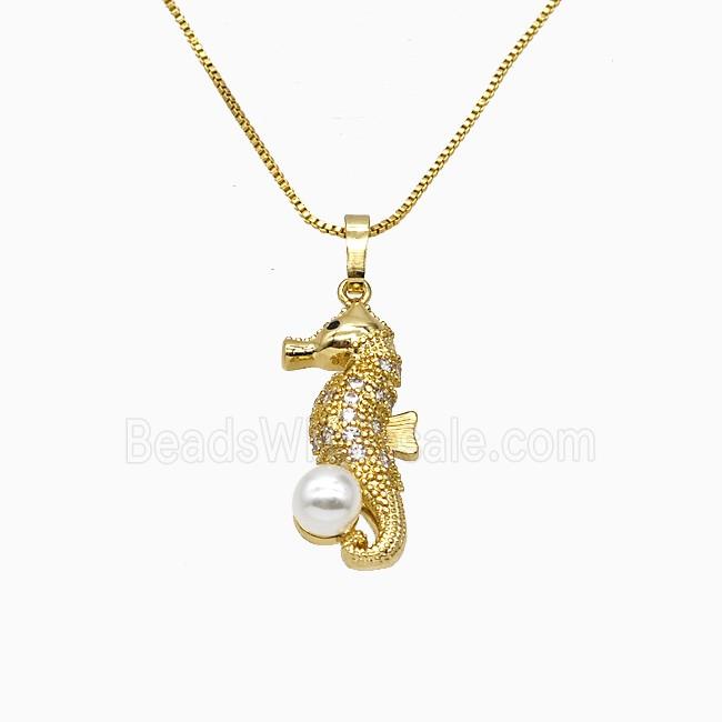 Copper Seahorse Necklace Pave Zirconia Pearlized Resin Gold Plated
