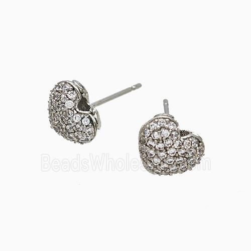 Copper Heart Stud Earrings Micropave Zirconia Platinum Plated