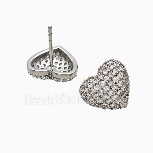Copper Heart Stud Earrings Micropave Zirconia Platinum Plated