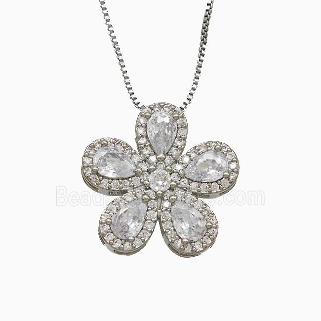 Copper Flower Neckace Pave Zirconia Crystal Glass Platinum Plated