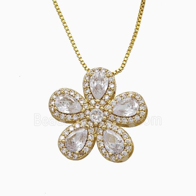 Copper Flower Neckace Pave Zirconia Crystal Glass Gold Plated