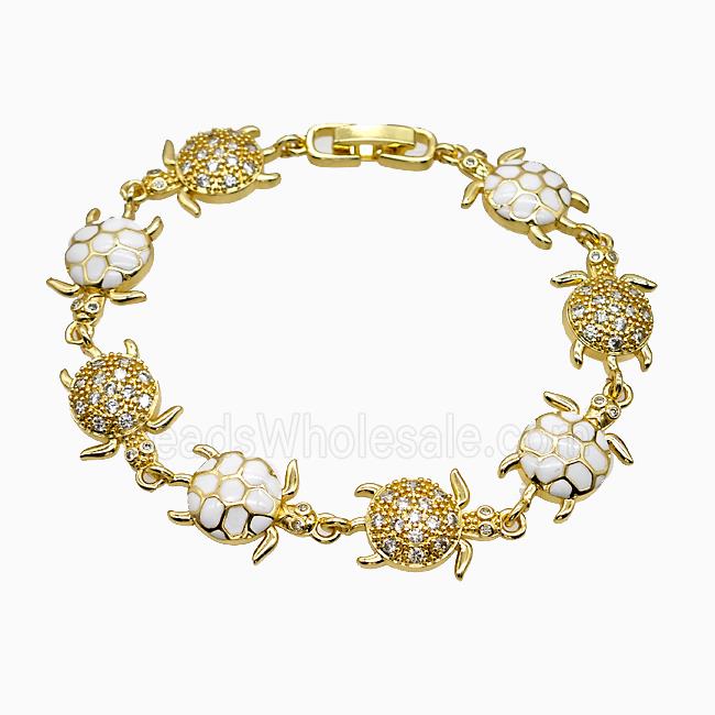 Copper Tortoise Bracelet Pave Zirconia White Enamel Gold Plated