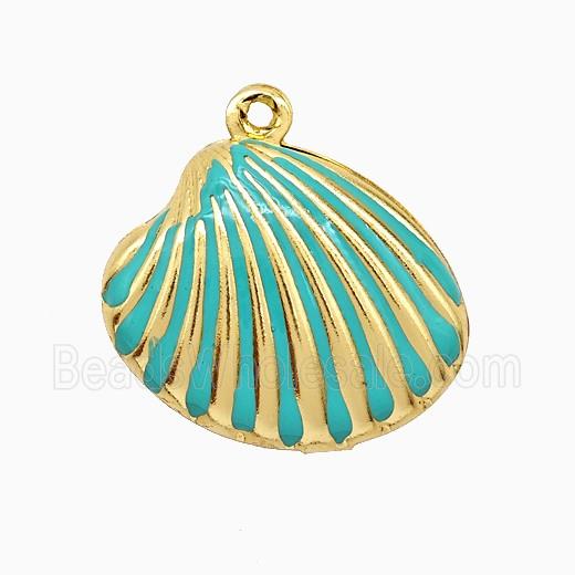 Copper Scallop Shell Pendant Teal Enamel Gold Plated