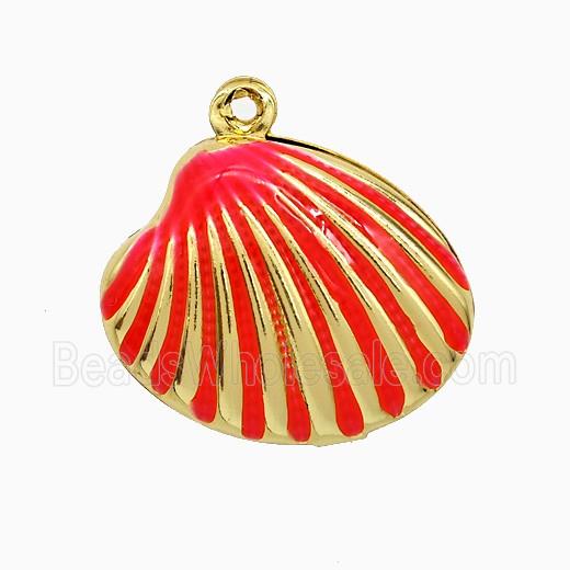 Copper Scallop Shell Pendant Red Enamel Gold Plated