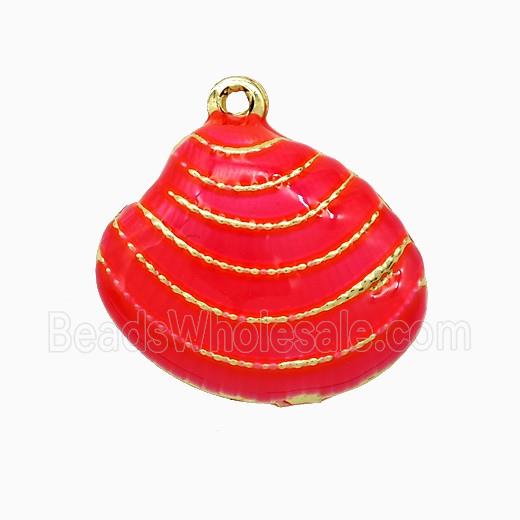 Copper Scallop Shell Pendant Red Enamel Gold Plated