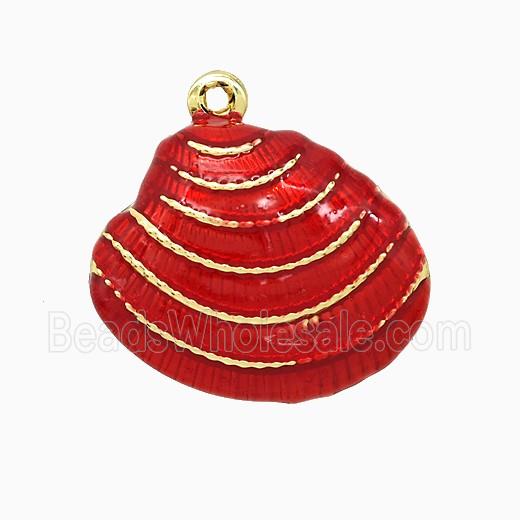 Copper Scallop Shell Pendant Red Enamel Gold Plated