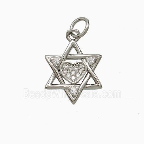 Copper David Star Pendant Pave Zirconia Heart Platinum Plated