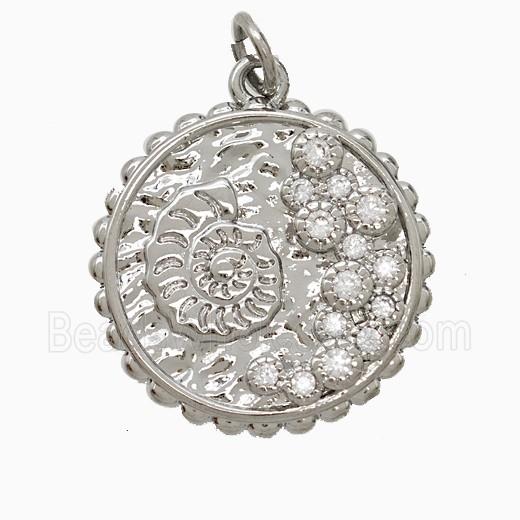 Copper Spiral Shell Pendant Pave Zirconia Circle Platinum Plated