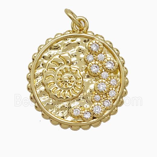 Copper Spiral Shell Pendant Pave Zirconia Circle Gold Plated