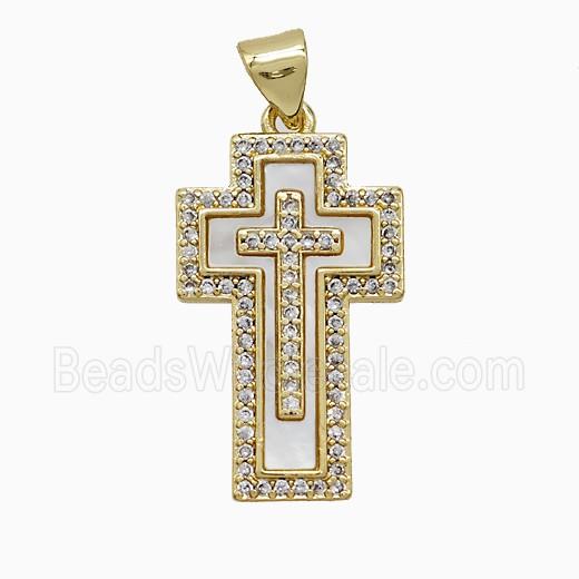 Copper Cross Pendant Pave Zirconia Shell Gold Plated