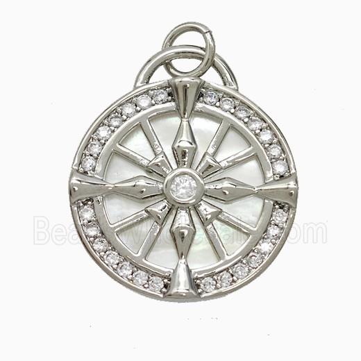 Dharma Wheel Charms Copper Pendant Pave Zirconia Shell Circle Platinum Plated