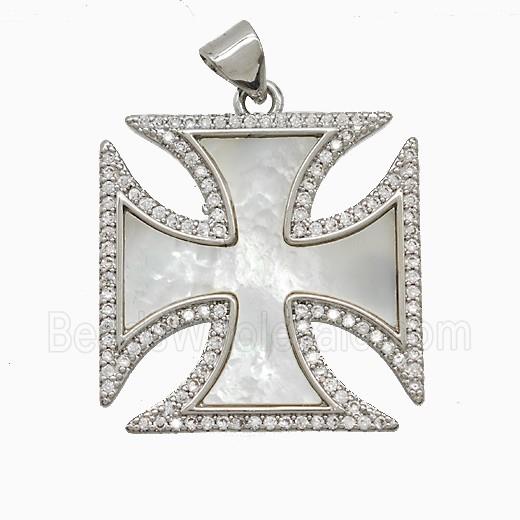 Copper Cross Pendant Pave Zirconia Shell Platinum Plated