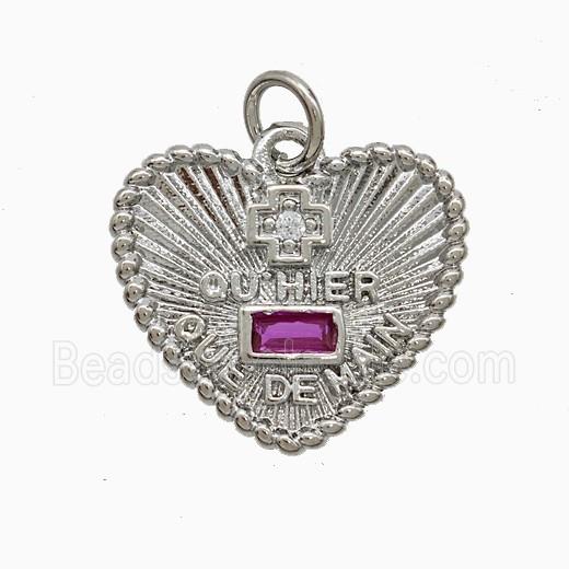 Copper Heart Pendant Pave Zirconia French Love Cross Platinum Plated