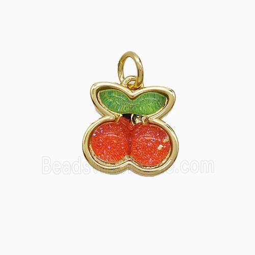 Copper Cherry Pendant Pave Red Resin Gold Plated