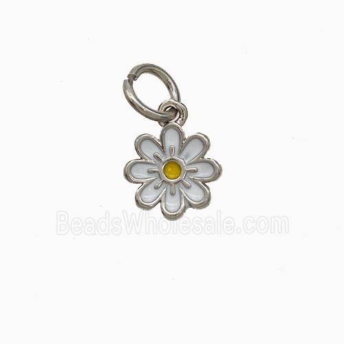Enamel Daisy Flower Pendant White Enamel Platinum Plated