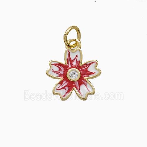 Copper Flower Pendant Red Enamel Gold Plated