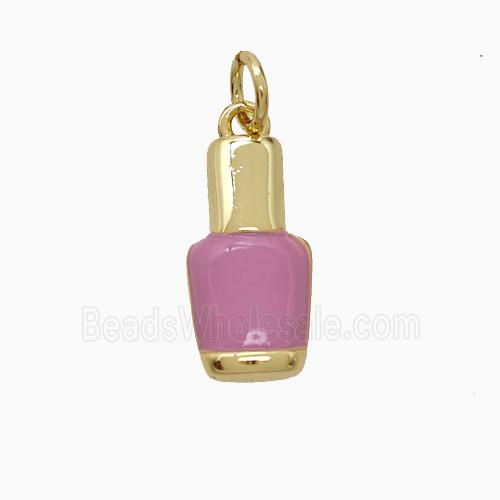 Nail Polish Bottle Charms Copper Pendant Pink Enamel Gold Plated
