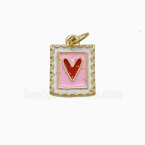 Copper Heart Pendant Red Pink Enamel Rectangle Gold Plated