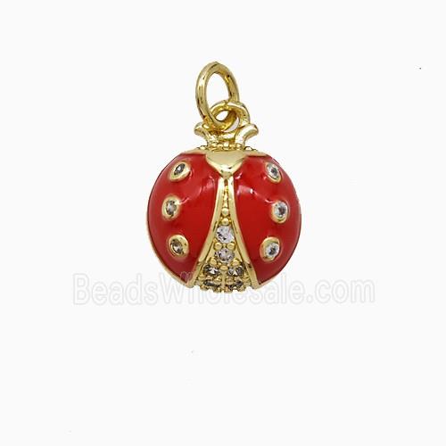 Copper Ladybug Pendant Pave Zirconia Red Enamel Gold Plated