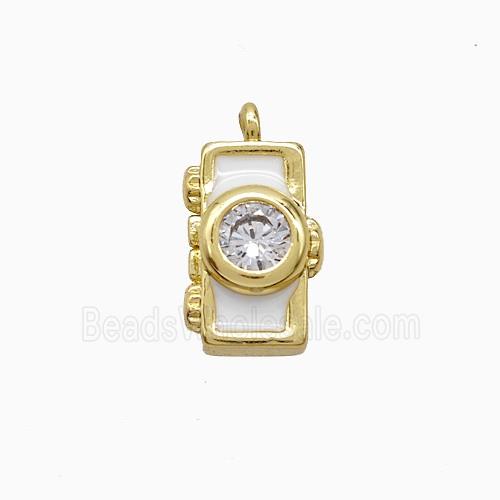 Copper Camera Pendant Pave Zirconia White Enamel Gold Plated