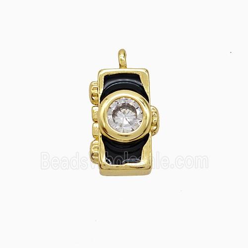 Copper Camera Pendant Pave Zirconia Black Enamel Gold Plated