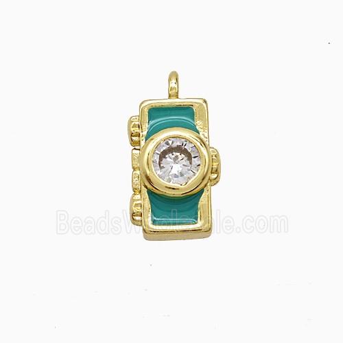 Copper Camera Pendant Pave Zirconia Green Enamel Gold Plated