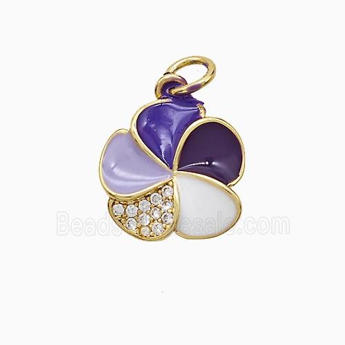 Copper Flower Pendant Pave Zirconia Purple Enamel Gold Plated