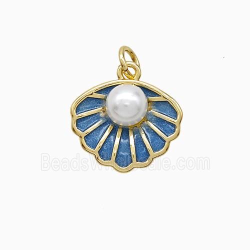 Copper Scallop Shell Pendant Pave Resin Teal Painted Gold Plated