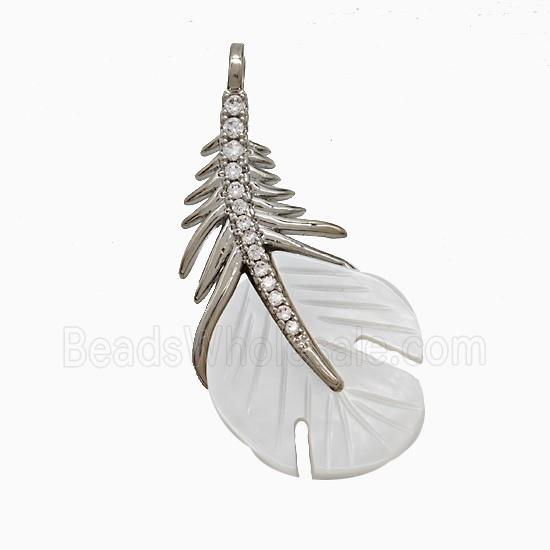 Copper Feather Pendant Pave Zirconia Shell Platinum Plated
