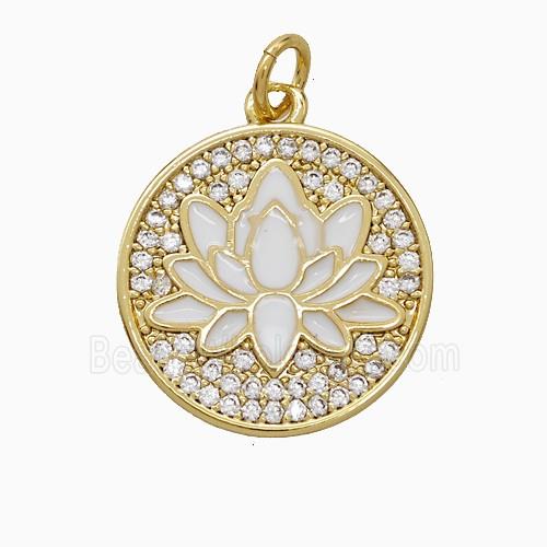 Copper Lotus Pendant Pave Zirconia White Enamel Flower Gold Plated