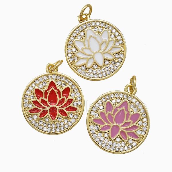Copper Lotus Pendant Pave Zirconia Enamel Flower Gold Plated Mixed