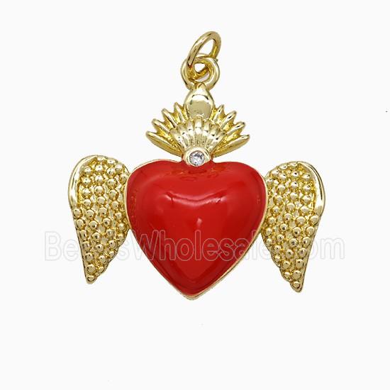 Copper Heart Angel Wings Pendant Red Enamel Gold Plated