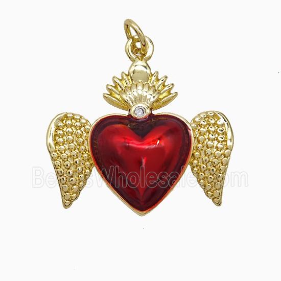 Copper Heart Angel Wings Pendant Red Painted Gold Plated