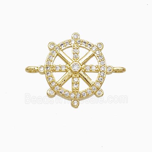 Copper Ship Wheel Connector Pave Zirconia 18K Gold Plated