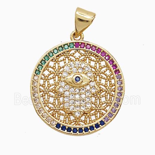 Copper Hamsahand Pendant Pave Zirconia Circle 18K Gold Plated