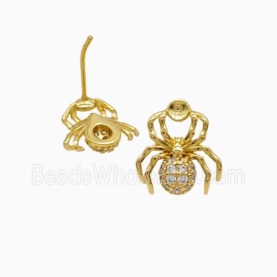 Copper Spider Stud Earrings Pave Zirconia 18K Gold Plated