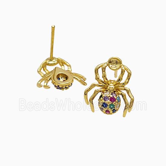 Copper Spider Stud Earrings Pave Multicolor Zirconia 18K Gold Plated