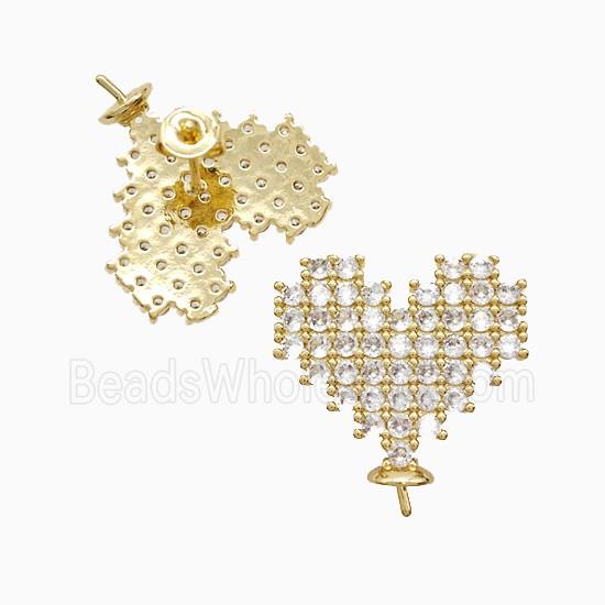 Copper Heart Stud Earrings Pave Zirconia With Bail 18K Gold Plated
