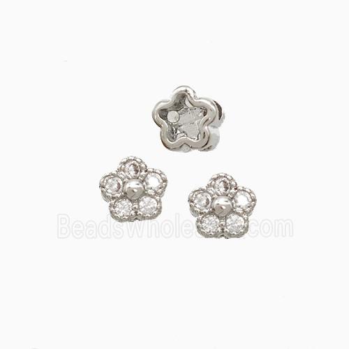 Copper Flower Beads Pave Zirconia Platinum Plated