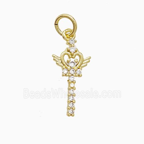Copper Magic Wand Pendant Pave Zirconia Angel Wings Gold Plated