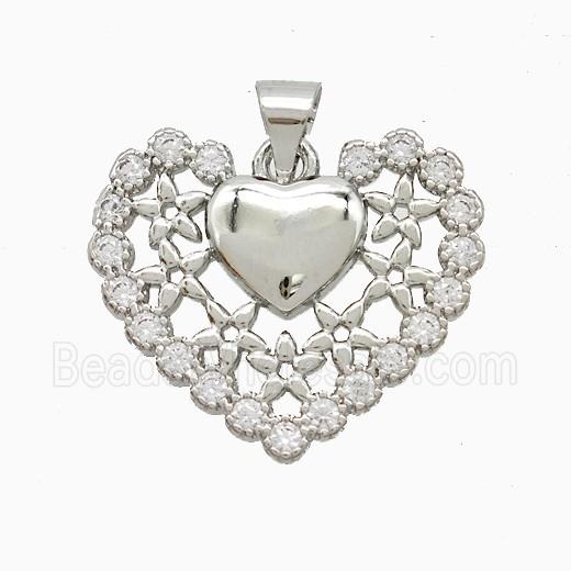 Copper Heart Pendant Pave Zirconia Platinum Plated